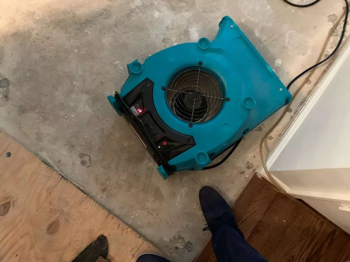 Air mover drying subfloor during Leak Detection & Repair in Caddo Mills